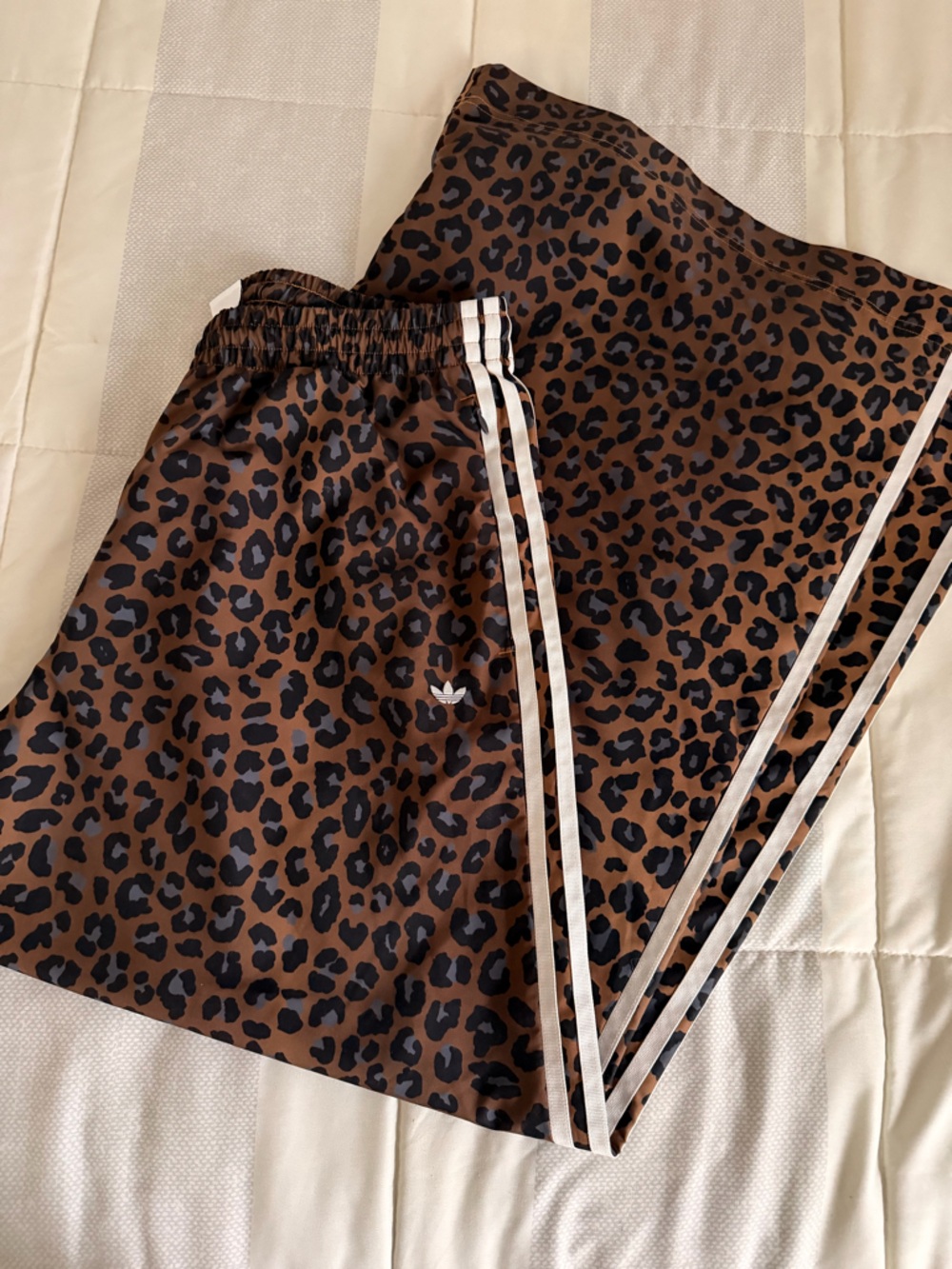 adidas wide leg Brown Leopard Print Track Pants with White Stripes NWOT